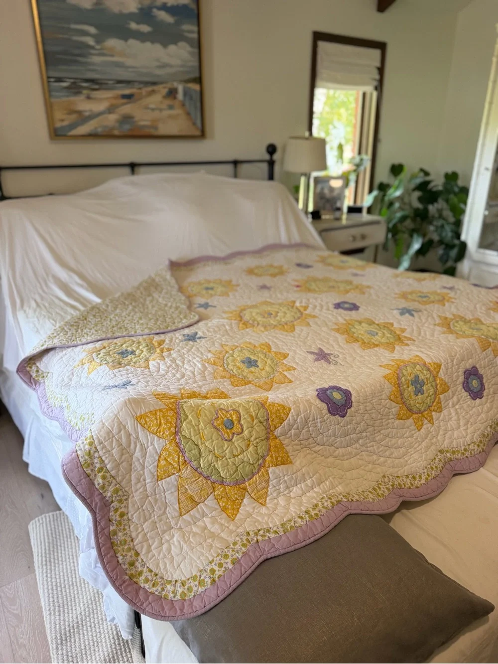 Pottery Barn Kids Cream, Yellow and Purple Floral Sunburst Quilt
